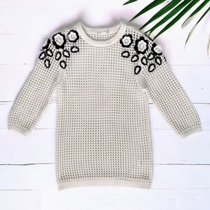 Anne Fontaine Net Open weave crochet knit floral appliqué sweater black white